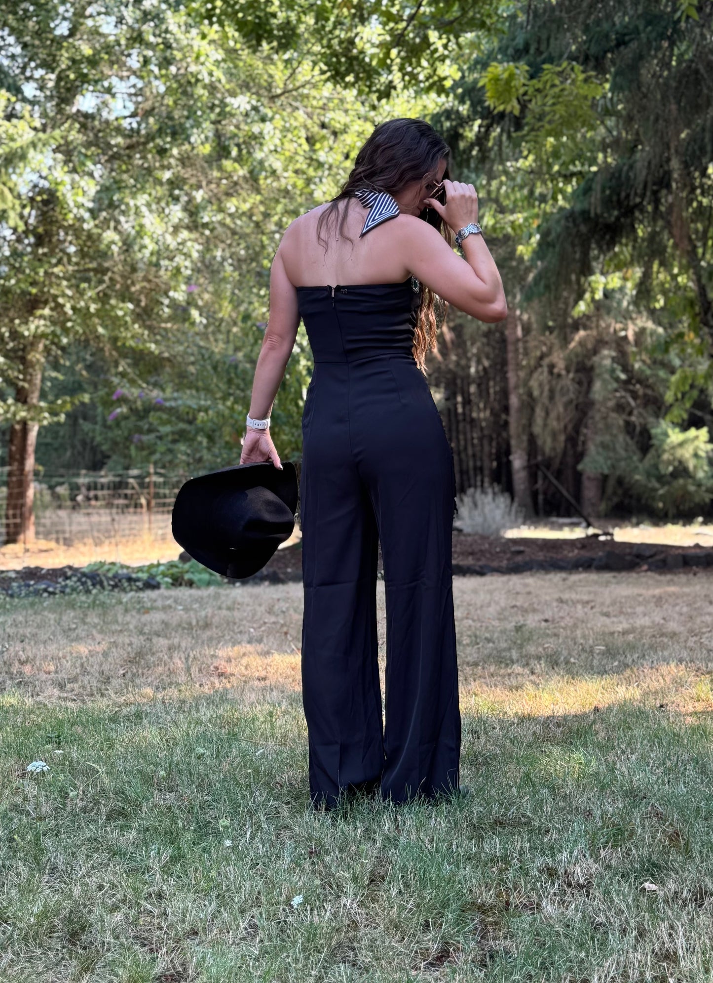 Black Strapless Jumper Suit W Front Concho Studded Detail