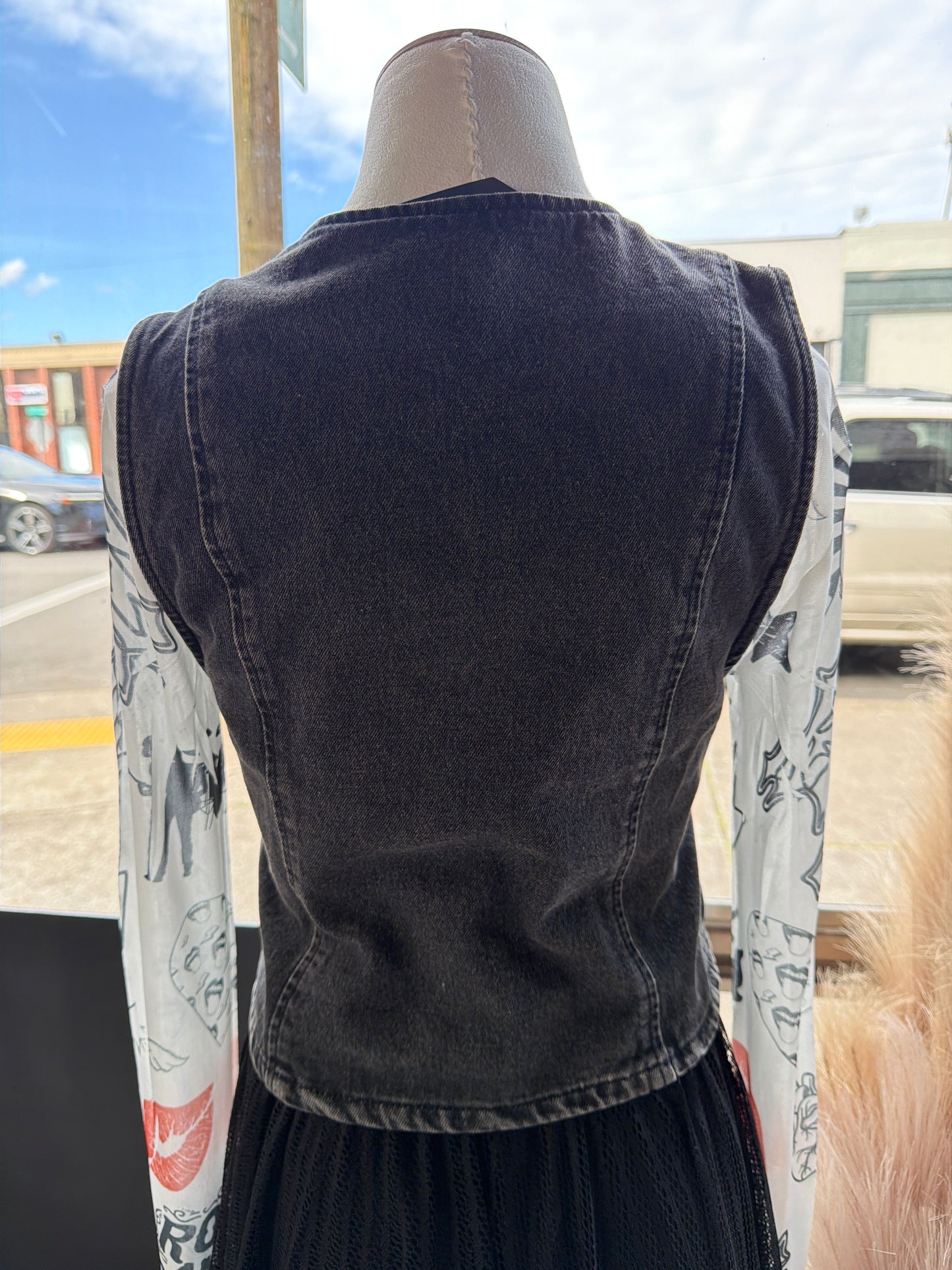 Black Denim Lace Up Vest