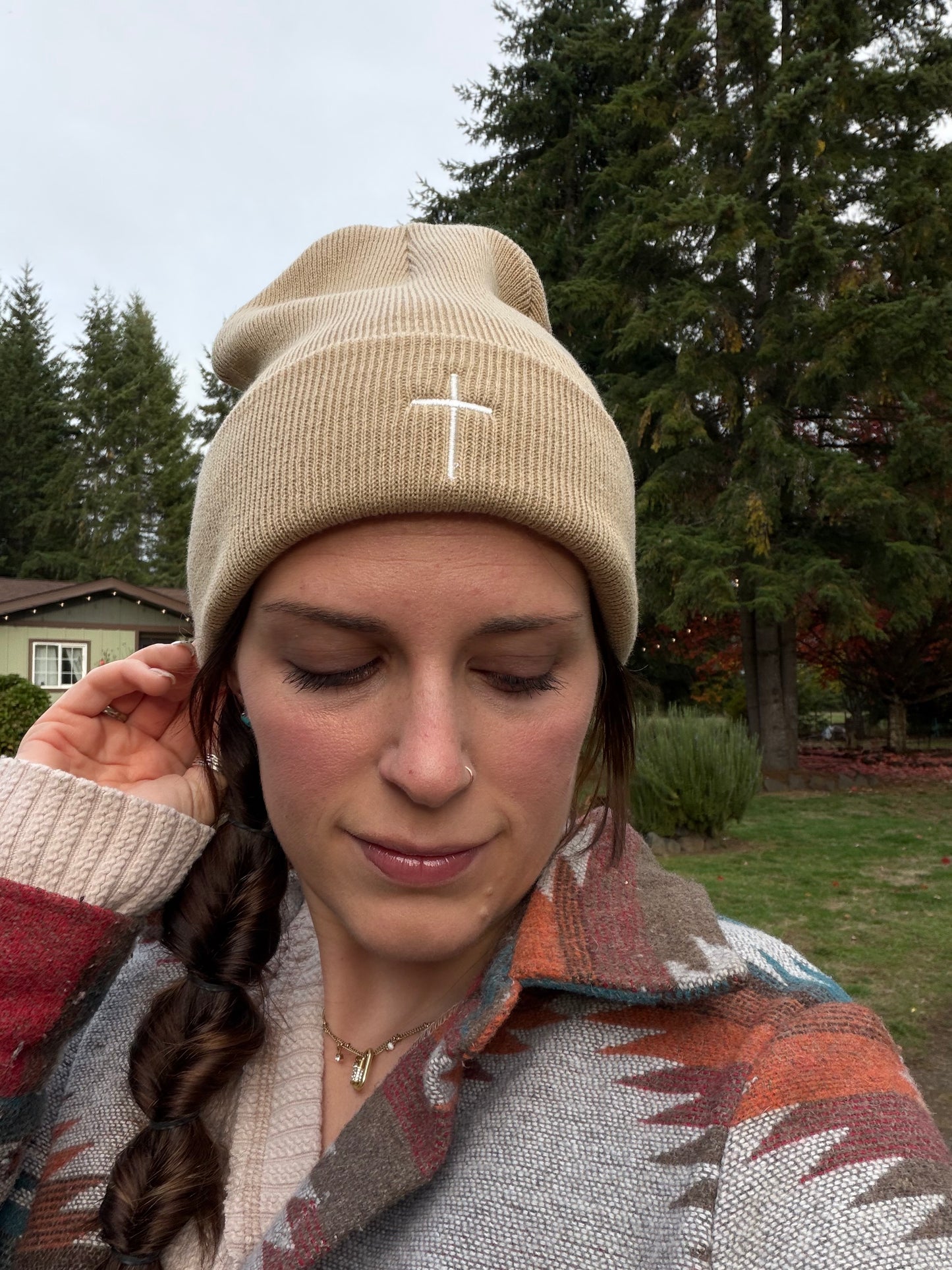 Embroidered Cross Knit Beanie