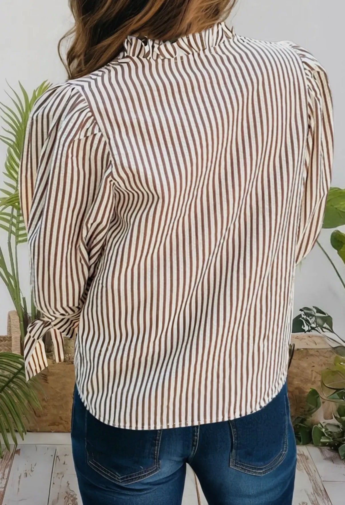 Striped Frill VNeck Knot Sleeve Blouse