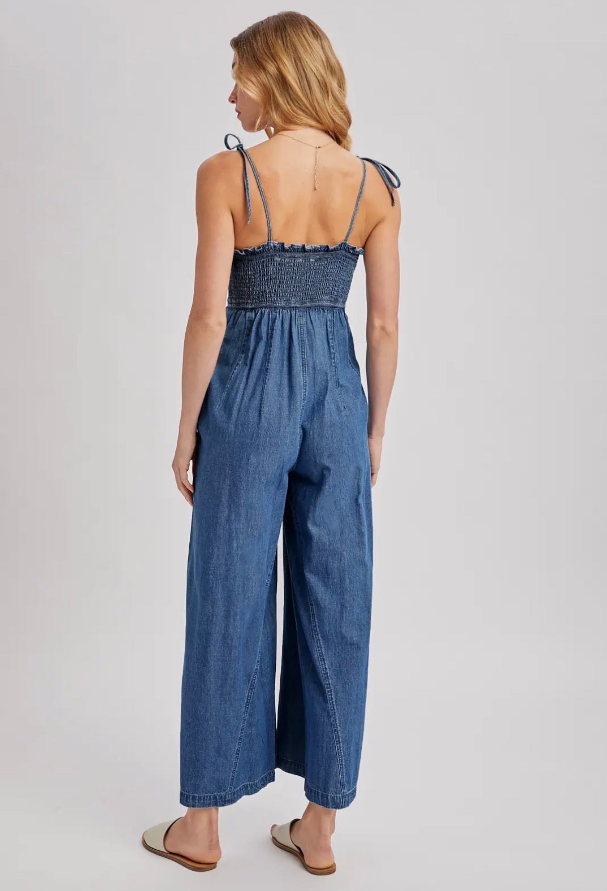 Denim Smocked Strap Wide Leg Jumpsuit