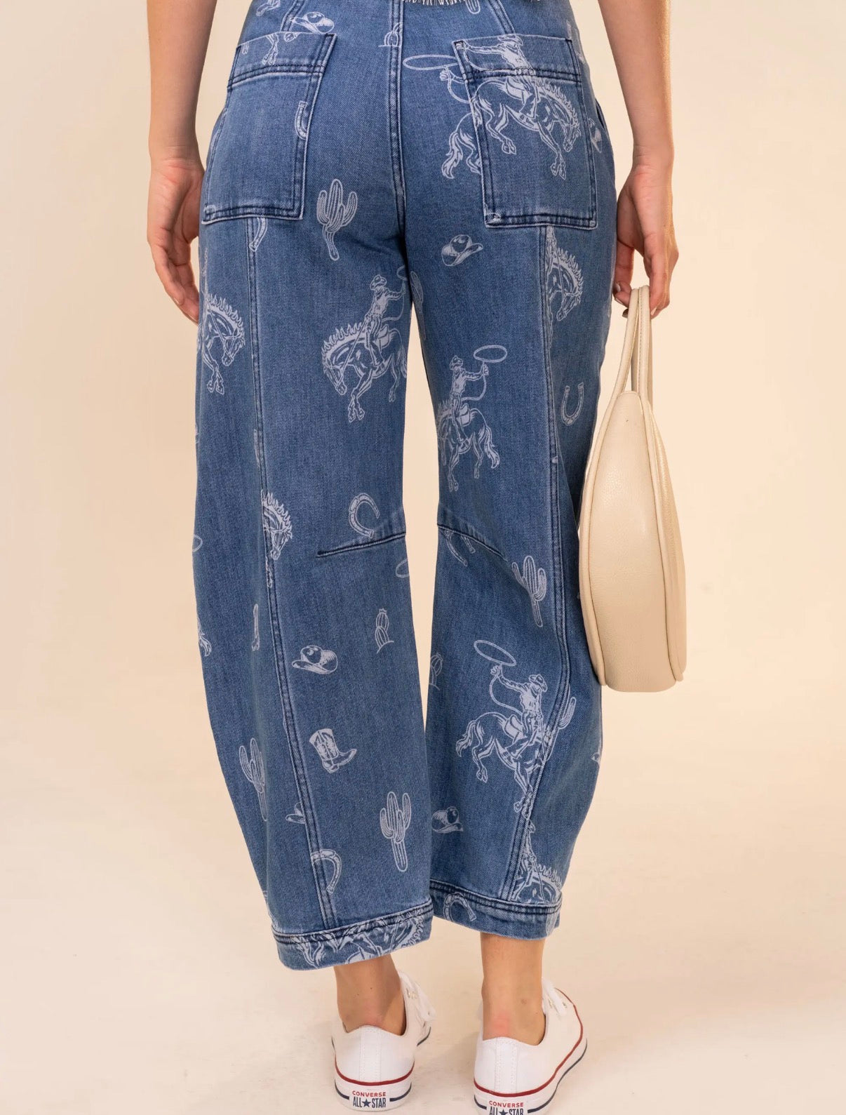 Western Print Barrel Leg Denim Jean