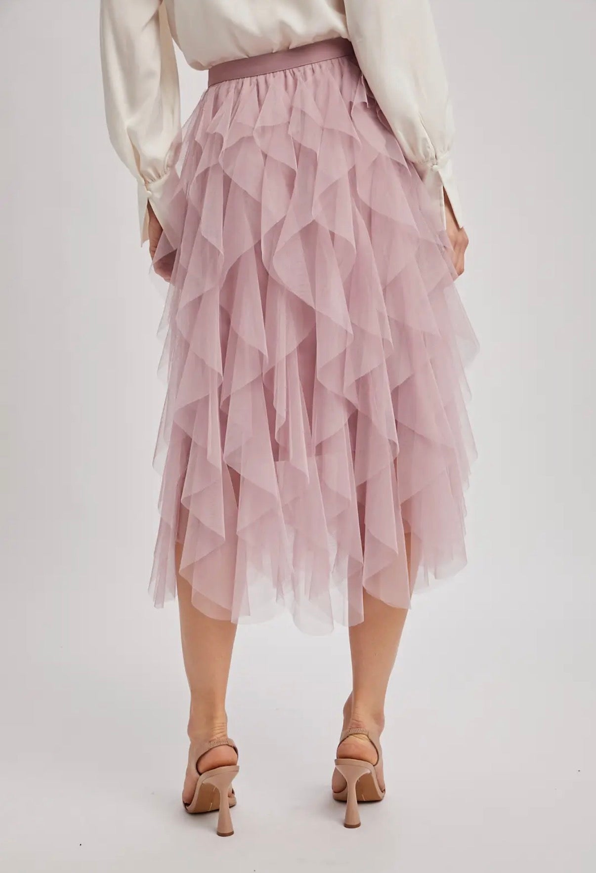 Spiral Ruffled Midi Skirt - ROSE