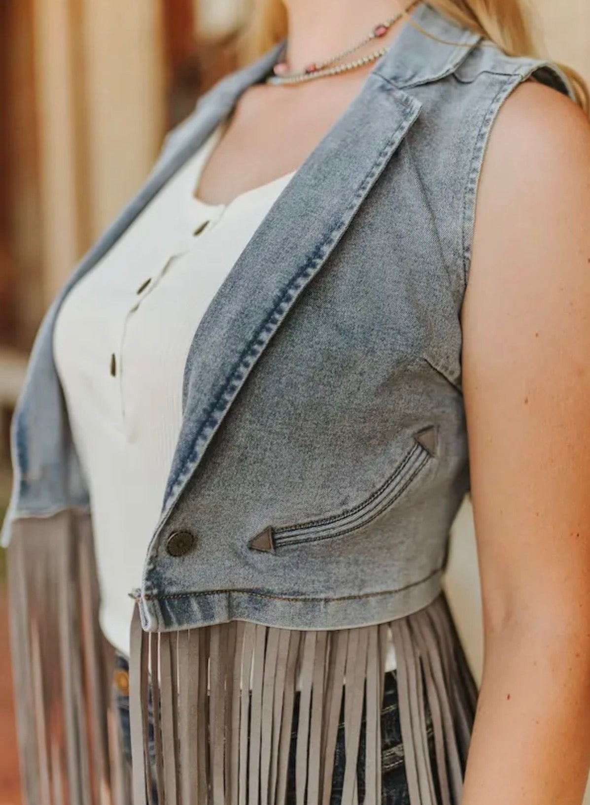 Stone Wash Denim Fringe Vest
