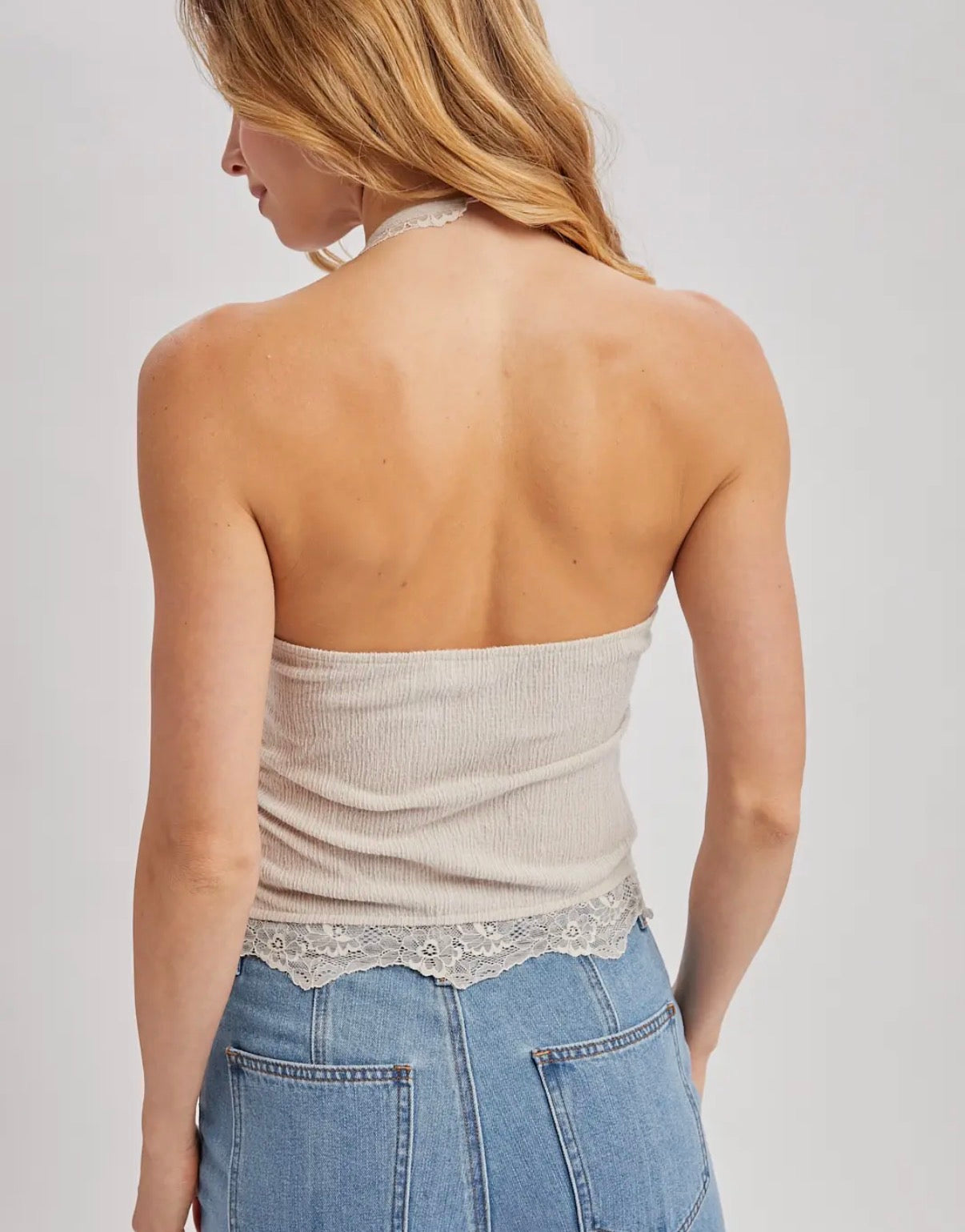 Textured Lace Trim Halter Top