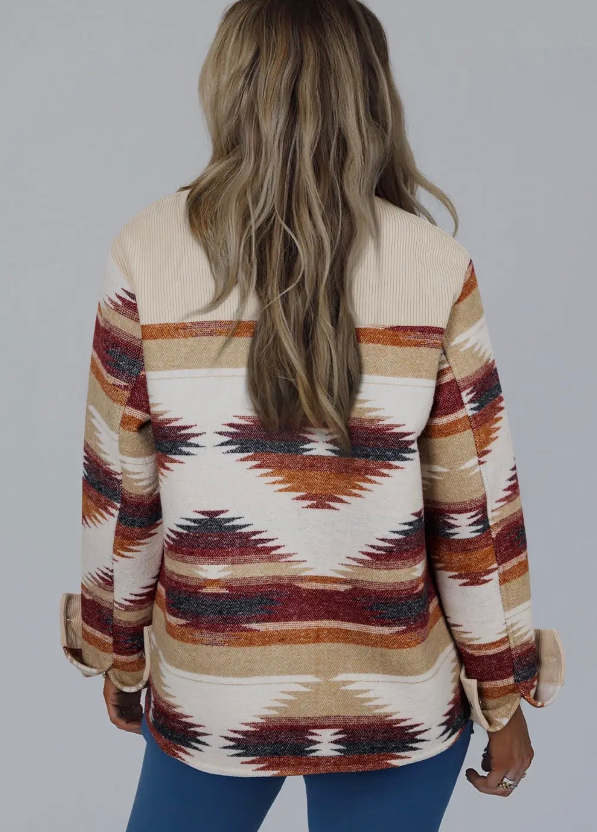 Western Aztec Striped Patchwork Raw Hem Shacket