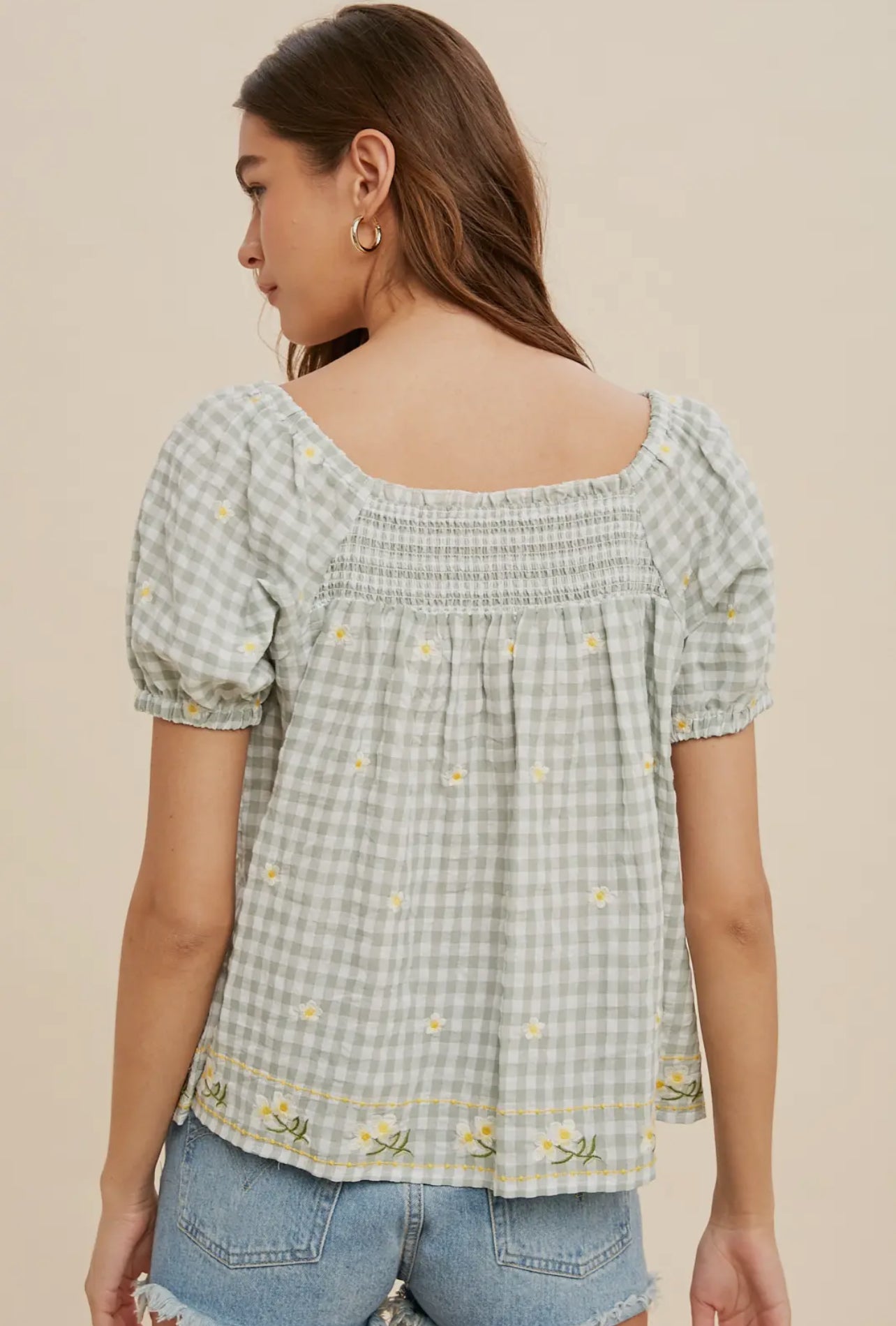 Gingham Embroidered Top
