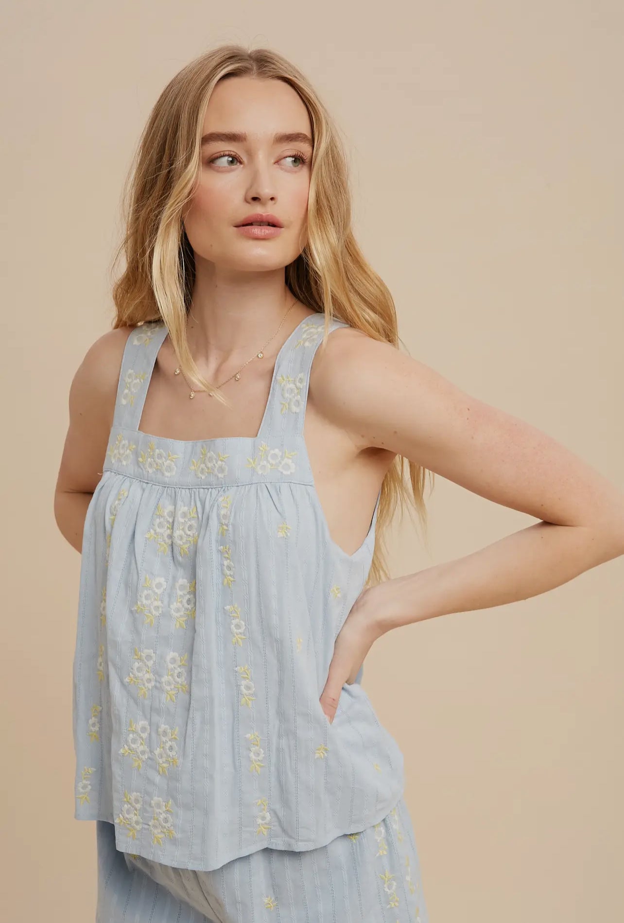 Chambray Floral Embroidered Tank