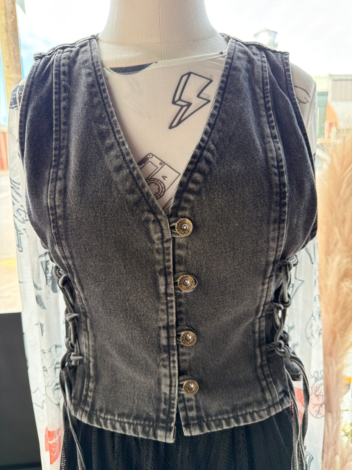 Black Denim Lace Up Vest