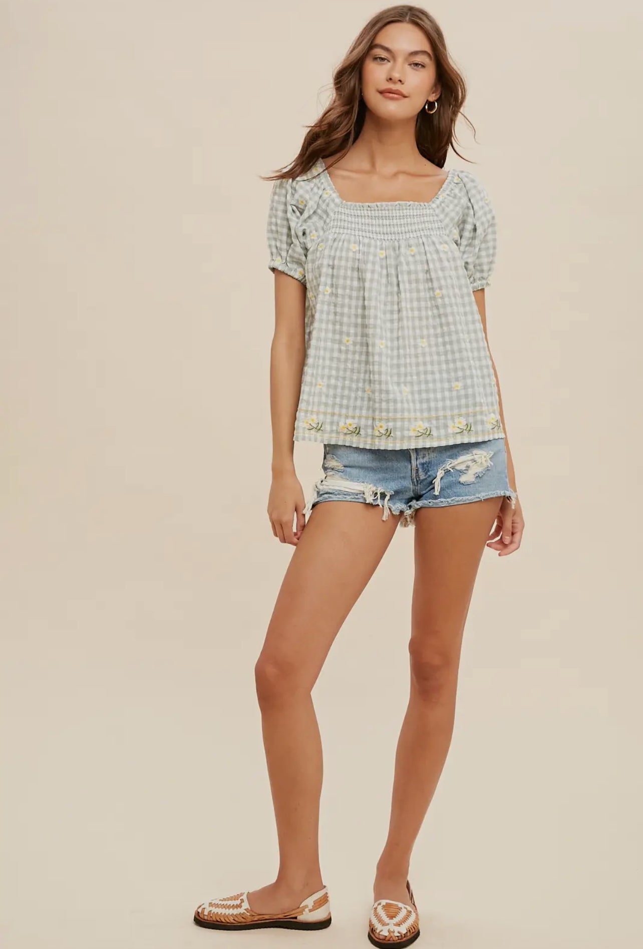 Gingham Embroidered Top