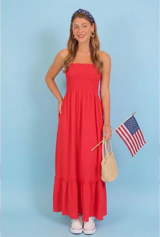 Strapless Boho Smocked Top Airflow Maxi Dress