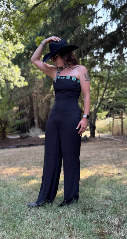 Black Strapless Jumper Suit W Front Concho Studded Detail