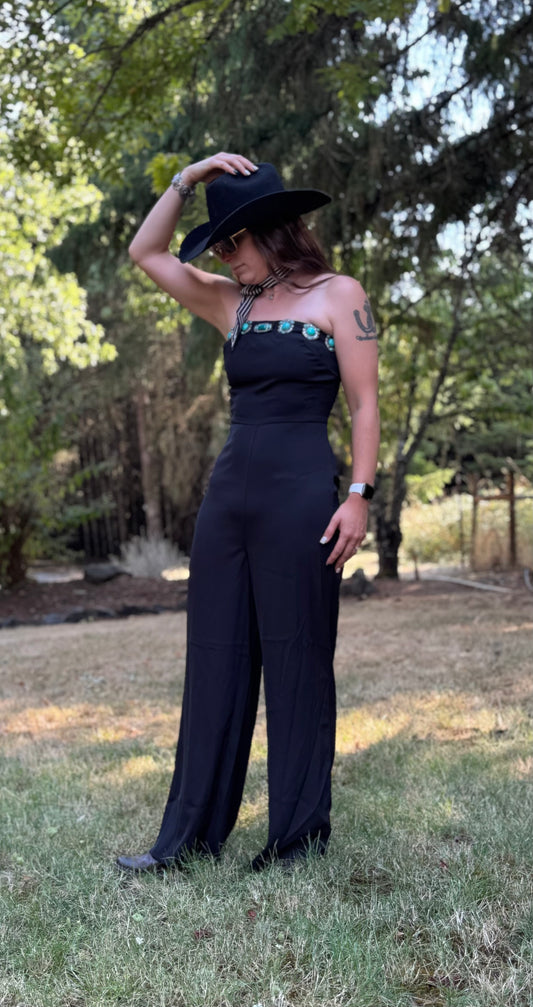 Black Strapless Jumper Suit W Front Concho Studded Detail