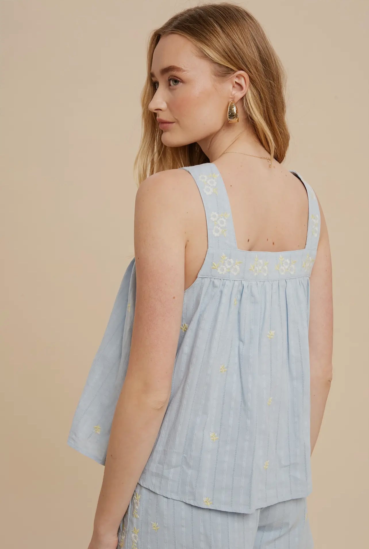Chambray Floral Embroidered Tank