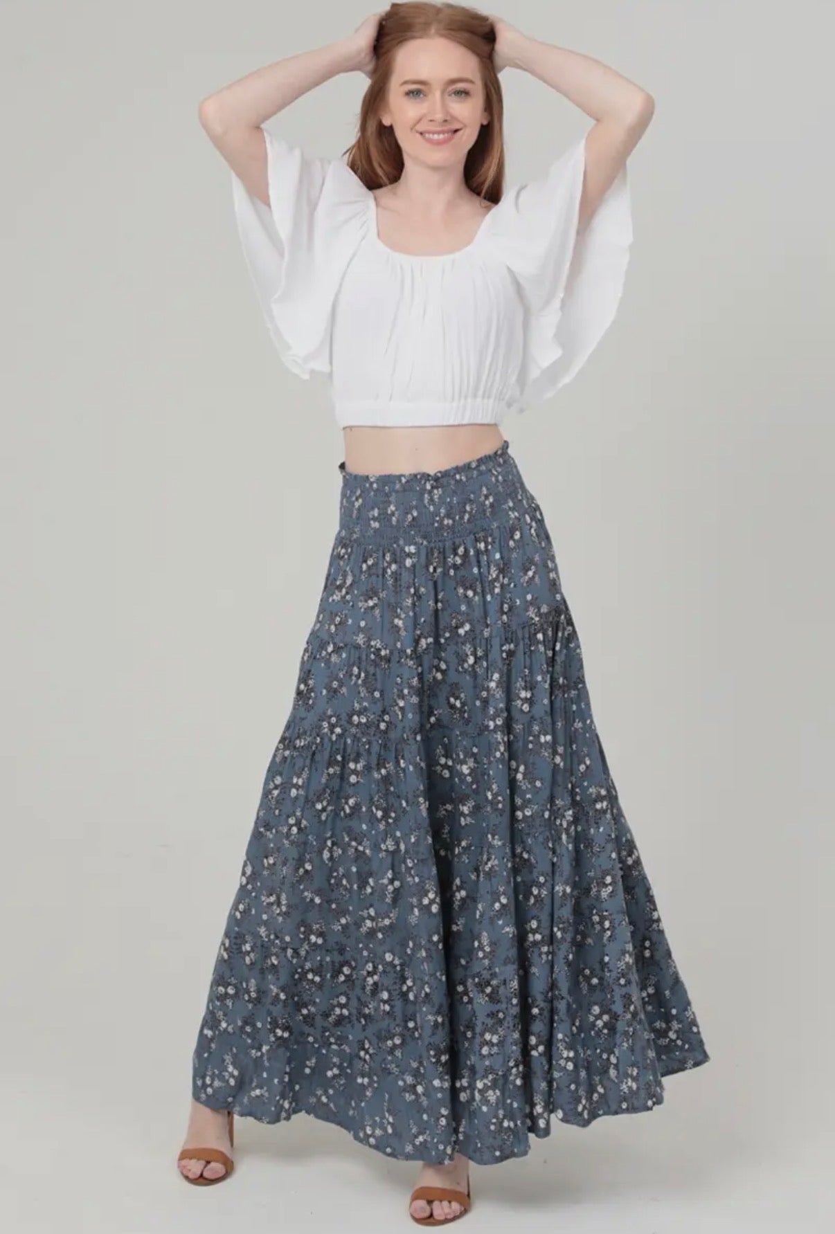 Floral Print smocked Waist Tiered Maxi Skirt