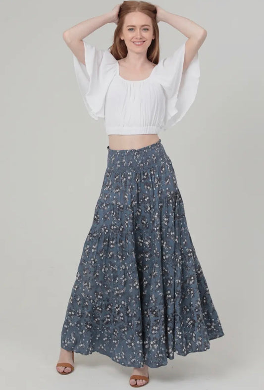 Floral Print smocked Waist Tiered Maxi Skirt