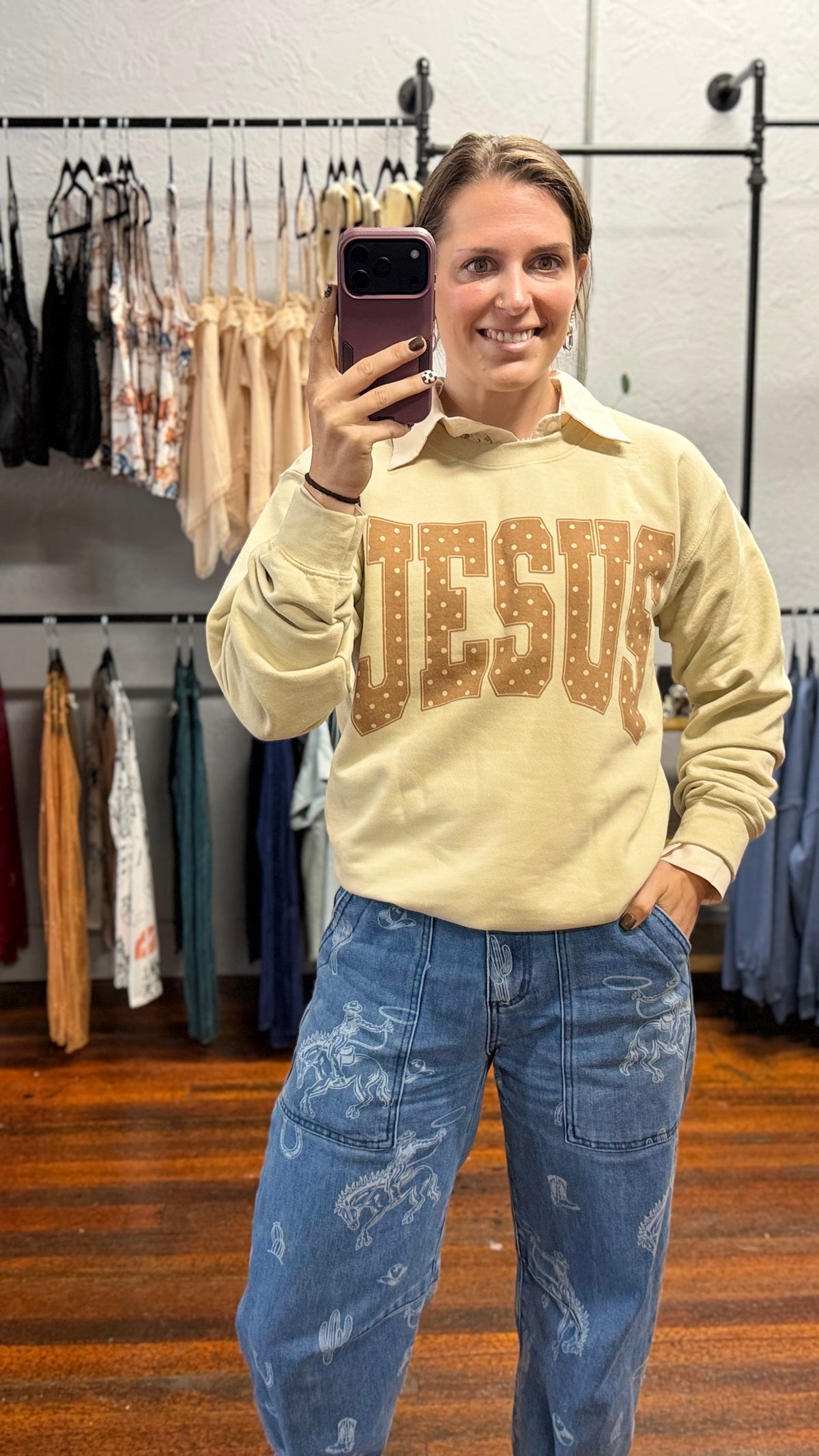 Jesus Brown Polka Dot Crew Neck Sweatshirt