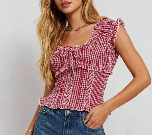 Plaid Boho Scoop Neck Top