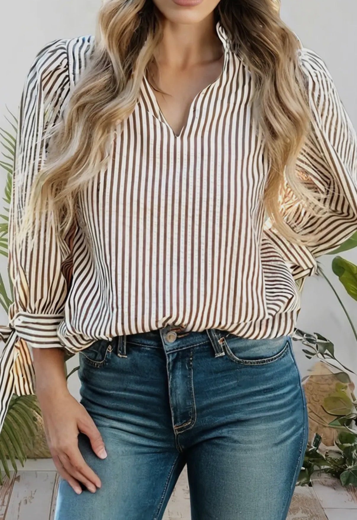 Striped Frill VNeck Knot Sleeve Blouse