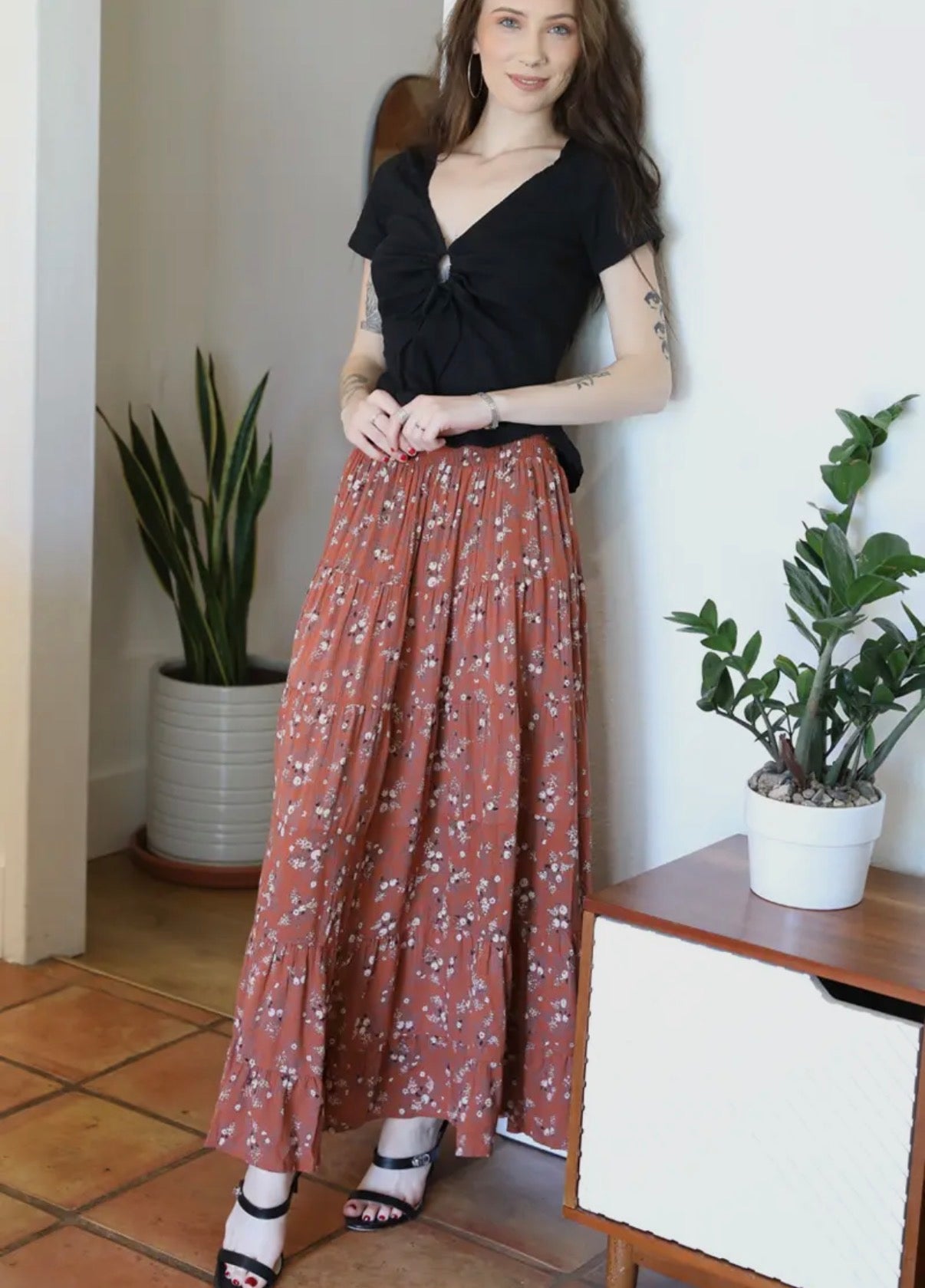 Floral Print smocked Waist Tiered Maxi Skirt