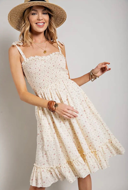 Plus - Flower Print Swiss Dot Smocking Dress