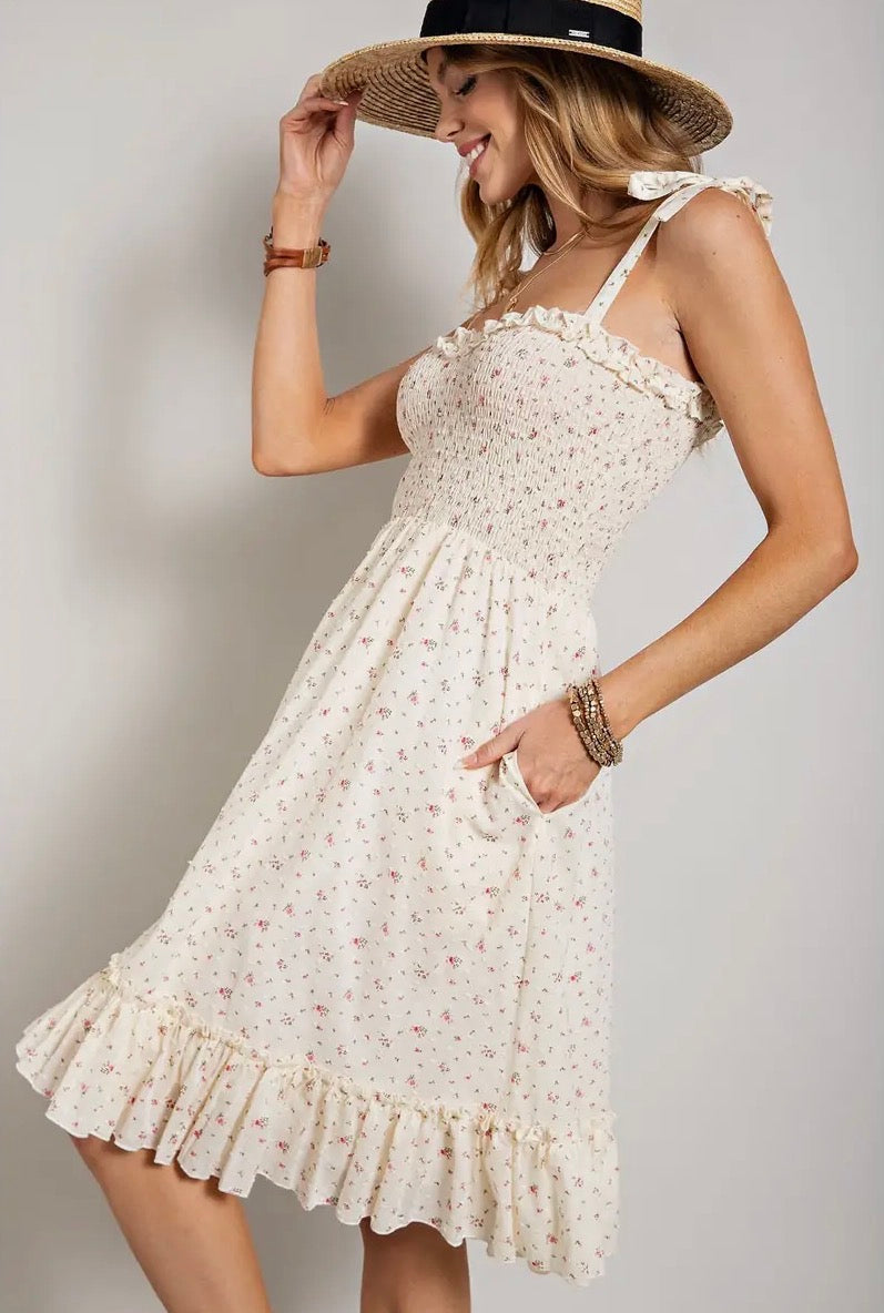 Plus - Flower Print Swiss Dot Smocking Dress