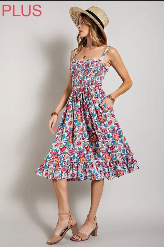 Plus Flower Print Smocking Dress