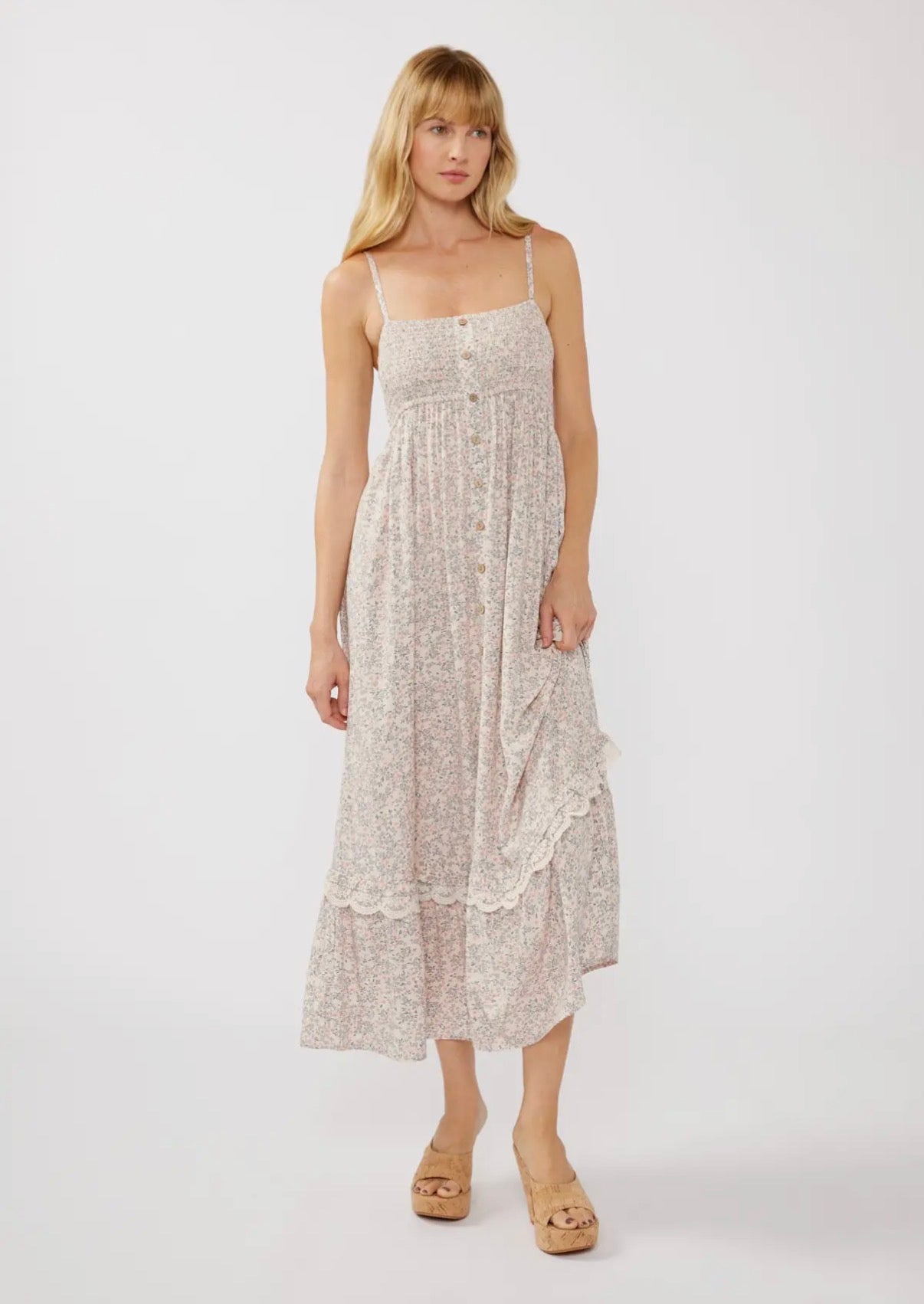 Spaghetti Strap Smocked Bust Button-Down Maxi Dress
