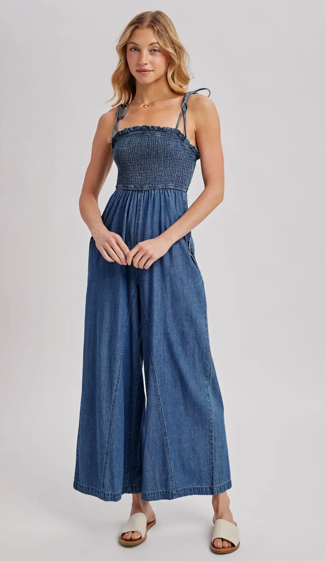 Denim Smocked Strap Wide Leg Jumpsuit