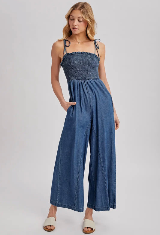 Denim Smocked Strap Wide Leg Jumpsuit