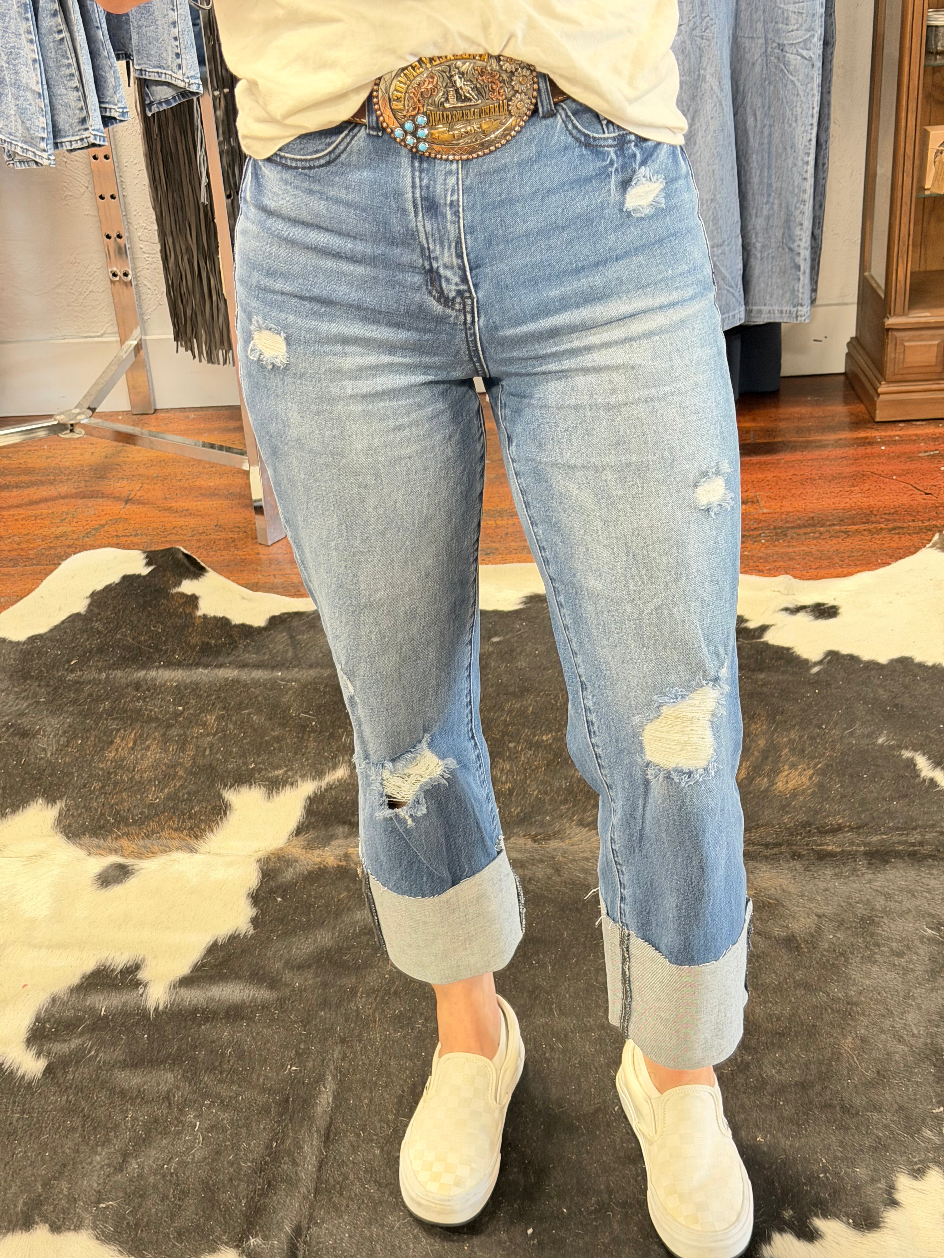 Straight Leg Boyfriend Fit Cuffed Jeans -Denim