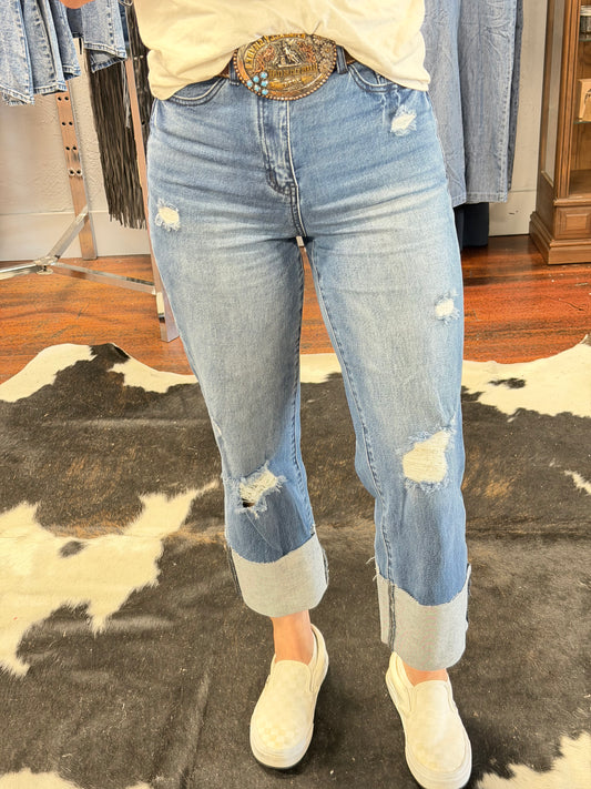 Straight Leg Boyfriend Fit Cuffed Jeans -Denim