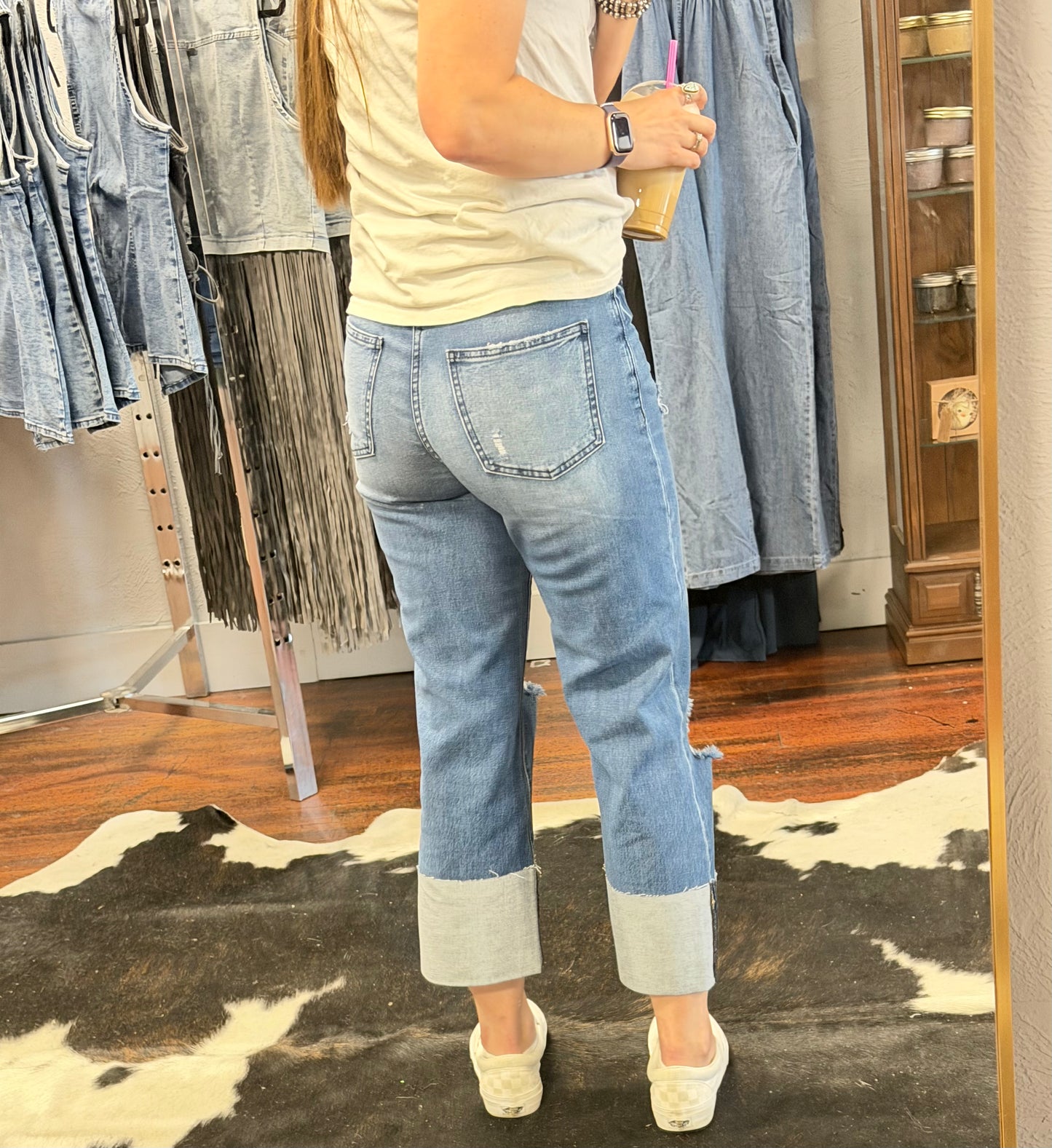 Straight Leg Boyfriend Fit Cuffed Jeans -Denim