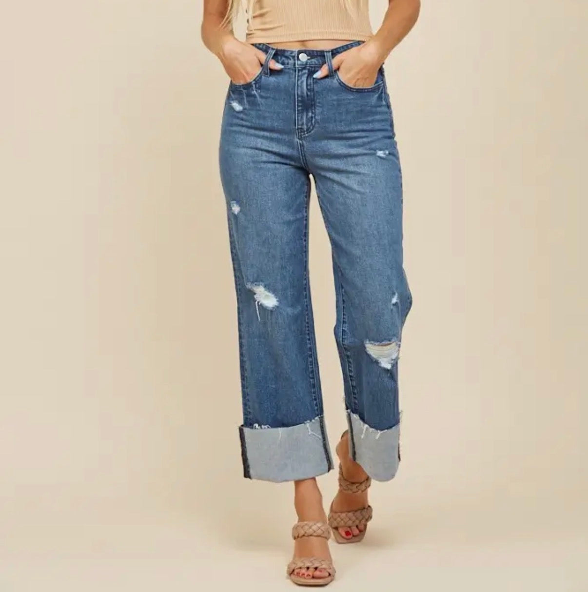 Straight Leg Boyfriend Fit Cuffed Jeans -Denim