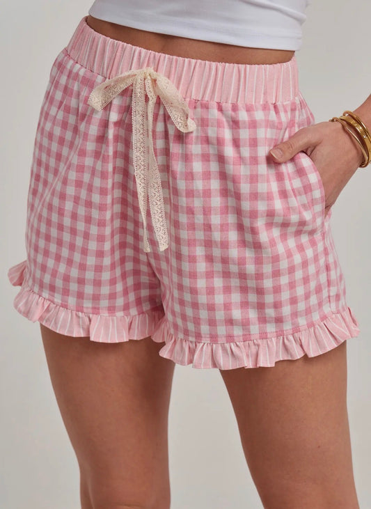 Gingham Check Shorts with Lace Drawstring