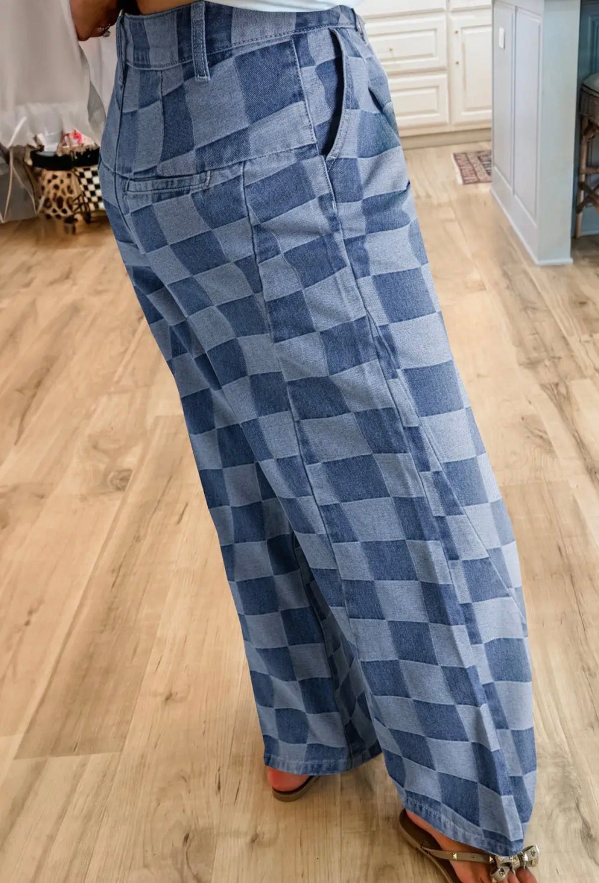 Solid Color Checkered Denim Wide Leg Jeans