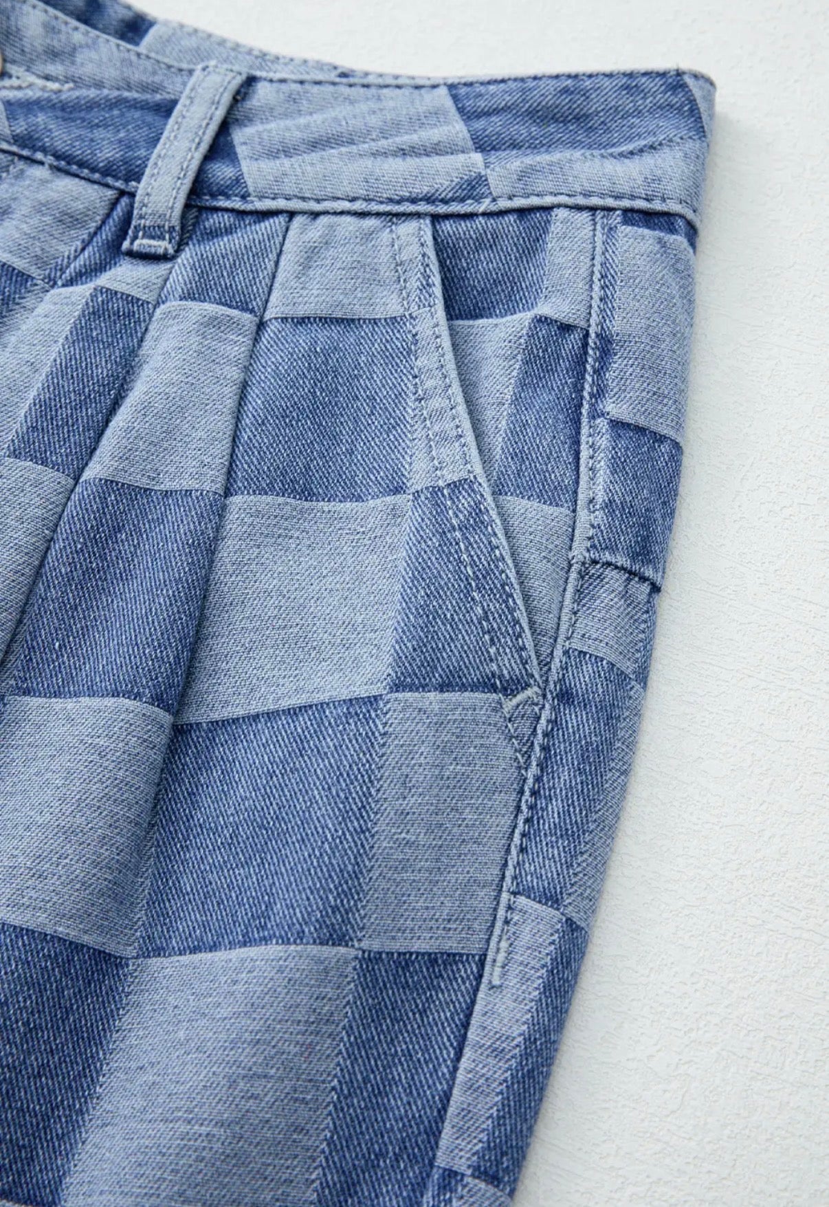 Solid Color Checkered Denim Wide Leg Jeans