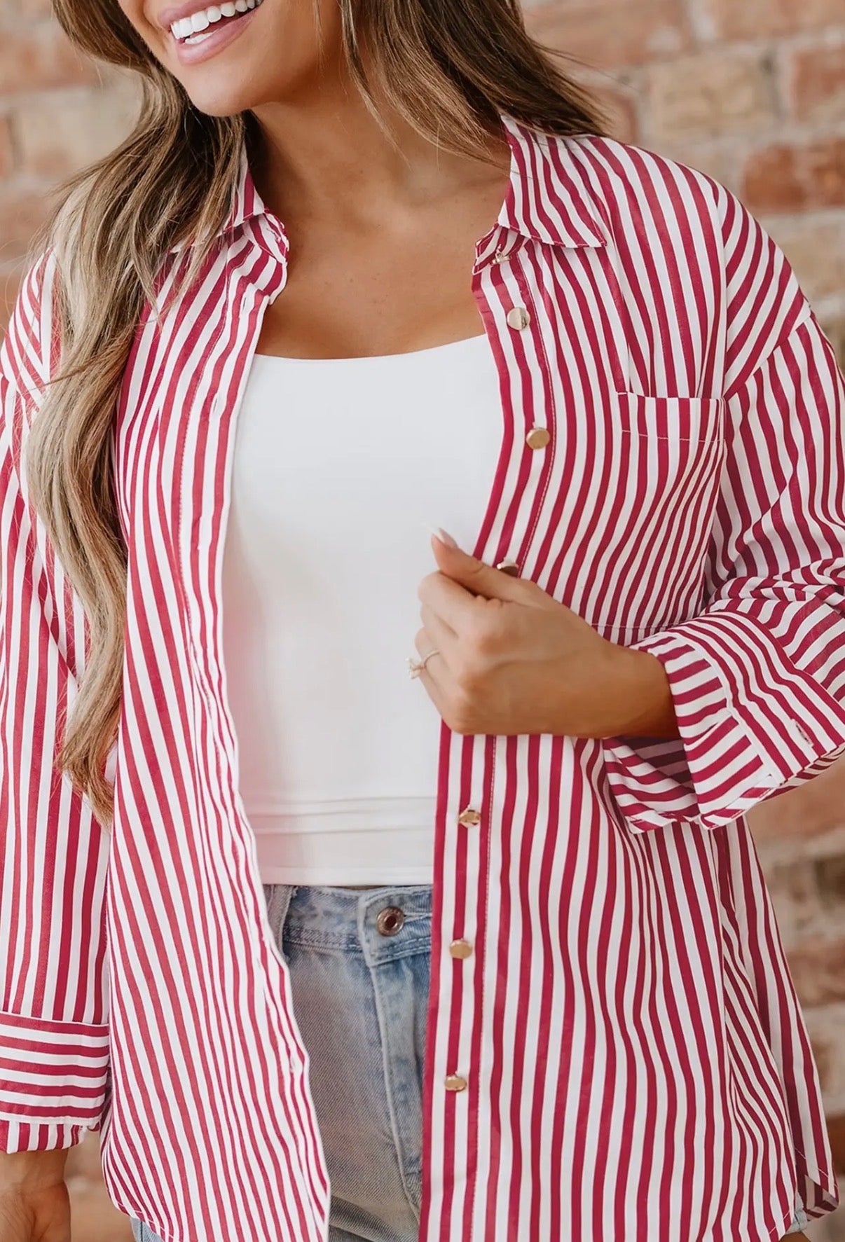 Red Stripe Button Up Blouse