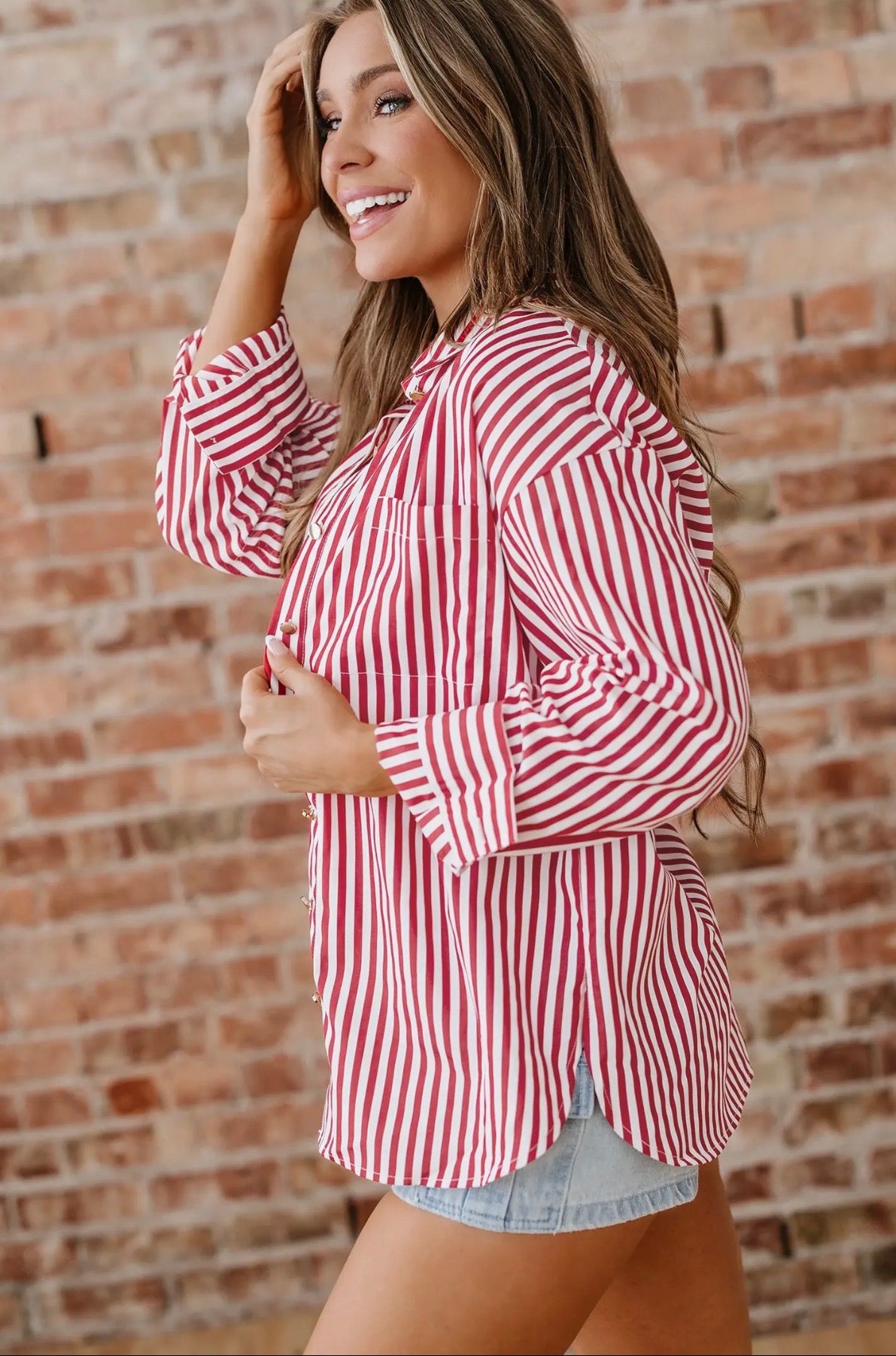 Red Stripe Button Up Blouse