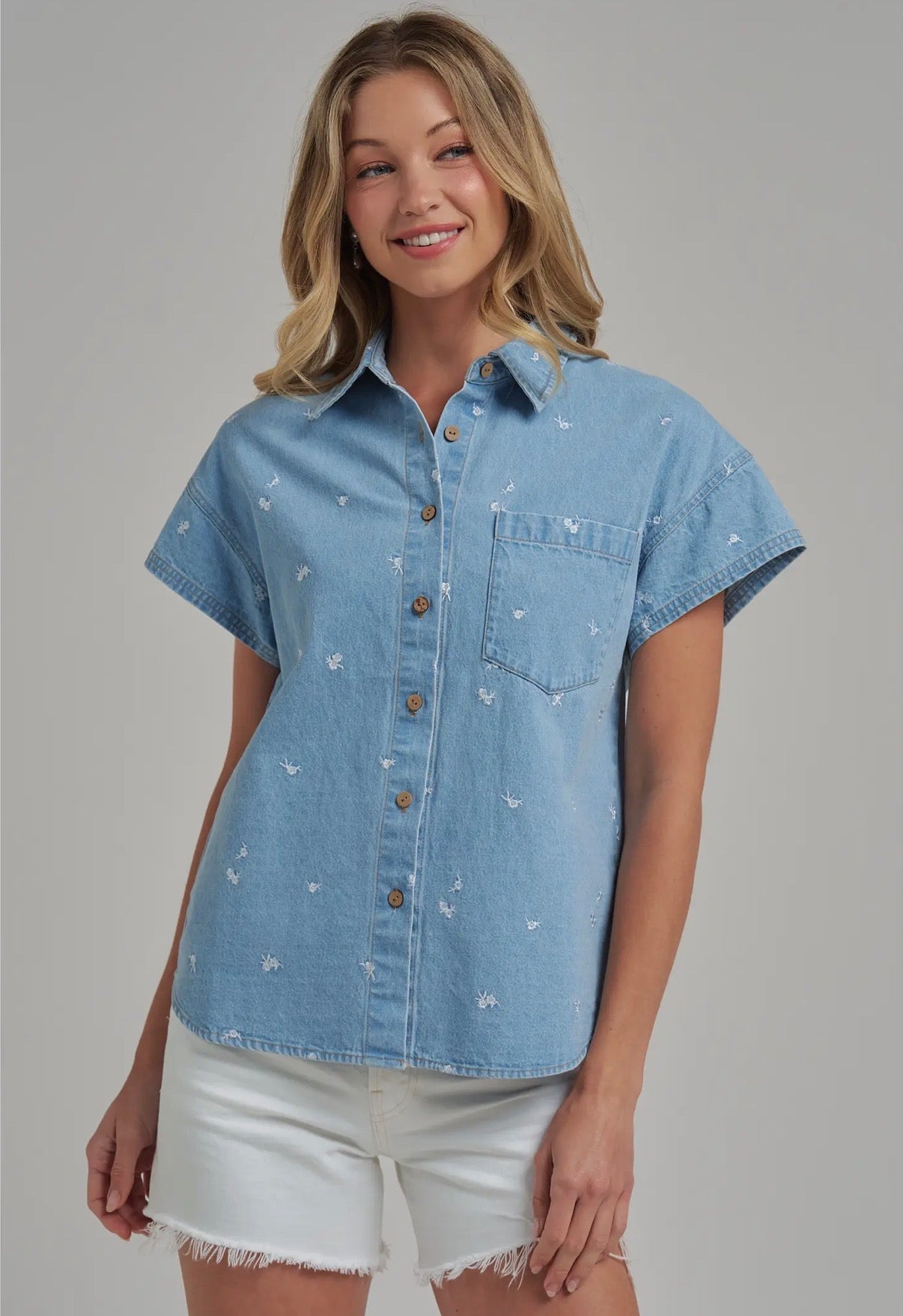Floral Embroidered Button Down Shirt Top