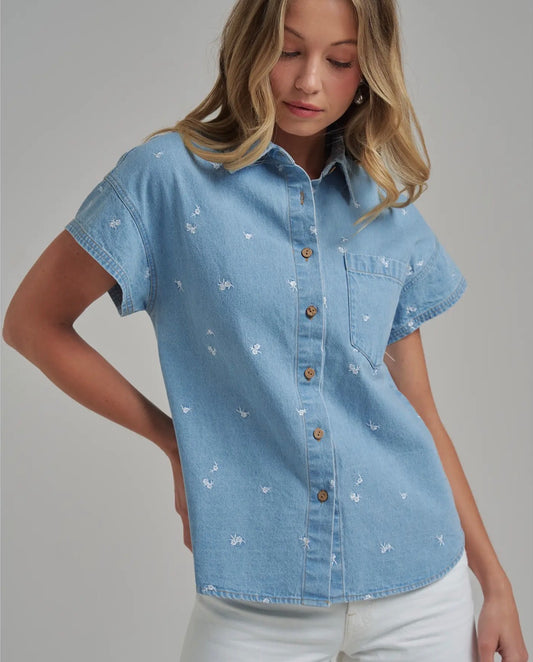 Floral Embroidered Button Down Shirt Top