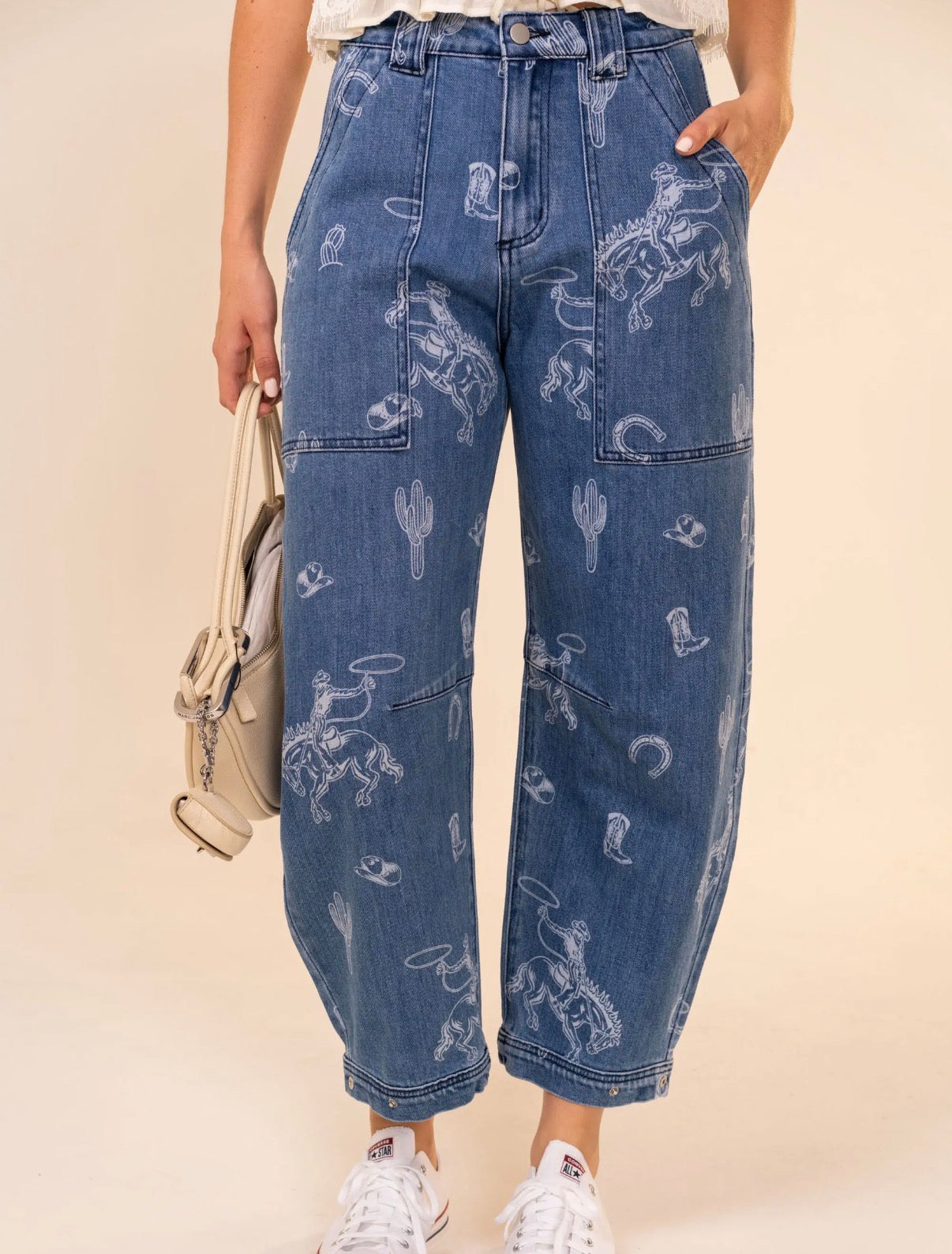 Western Print Barrel Leg Denim Jean
