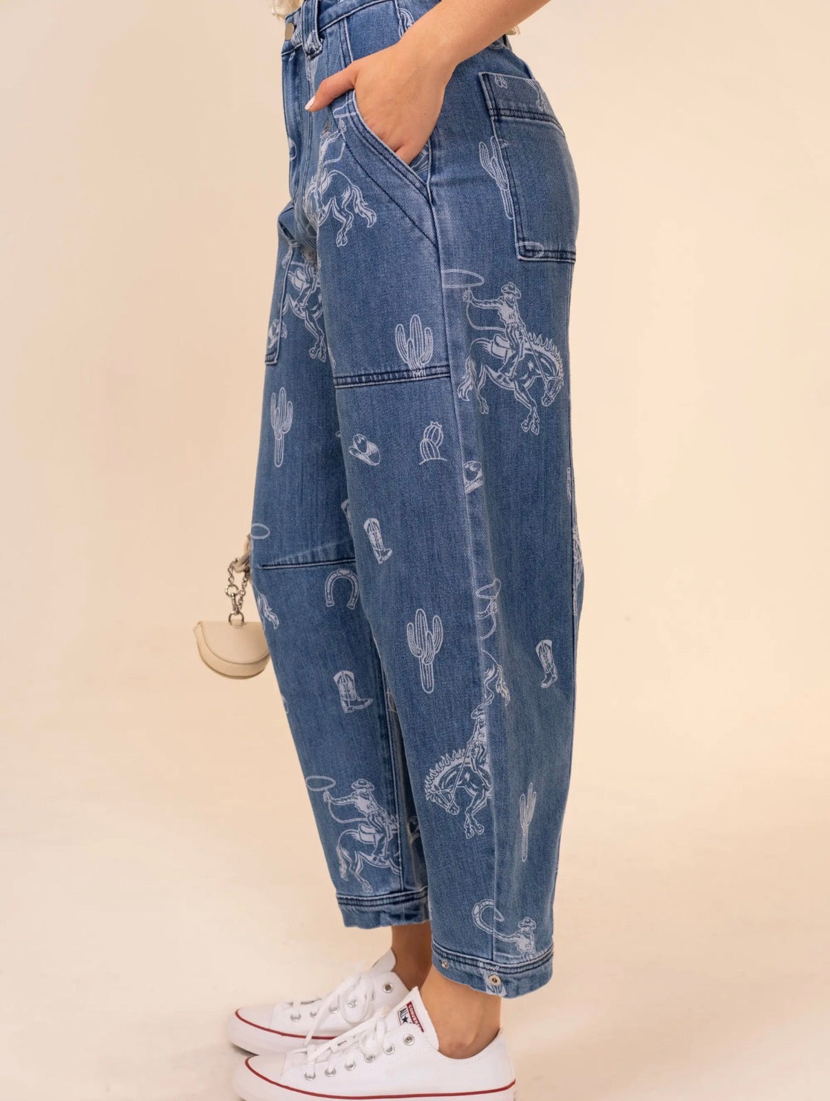 Western Print Barrel Leg Denim Jean