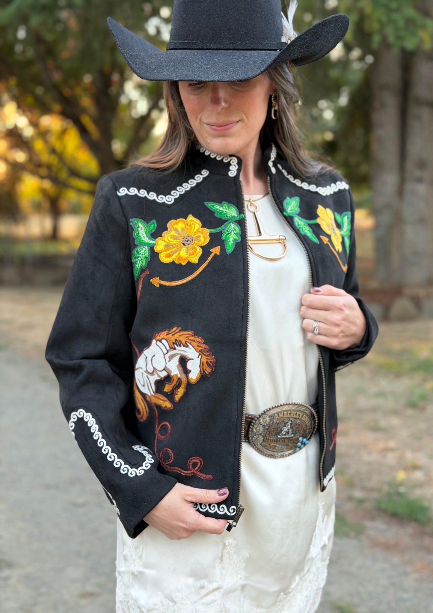 Chic Western Floral & Horse Embroidered Boho Fabric Jacket