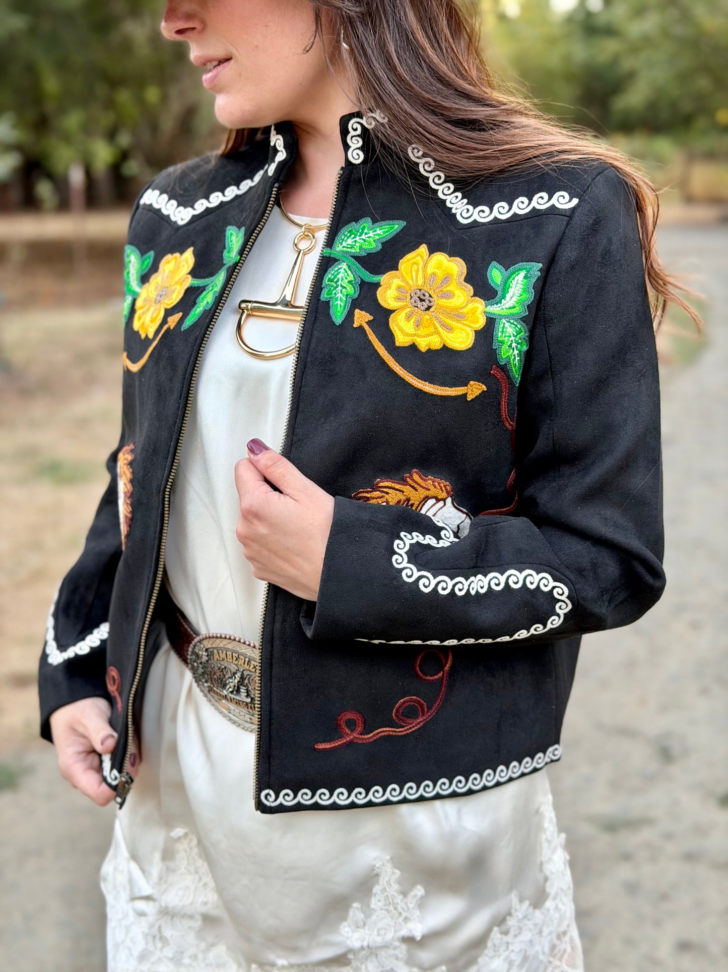 Chic Western Floral & Horse Embroidered Boho Fabric Jacket