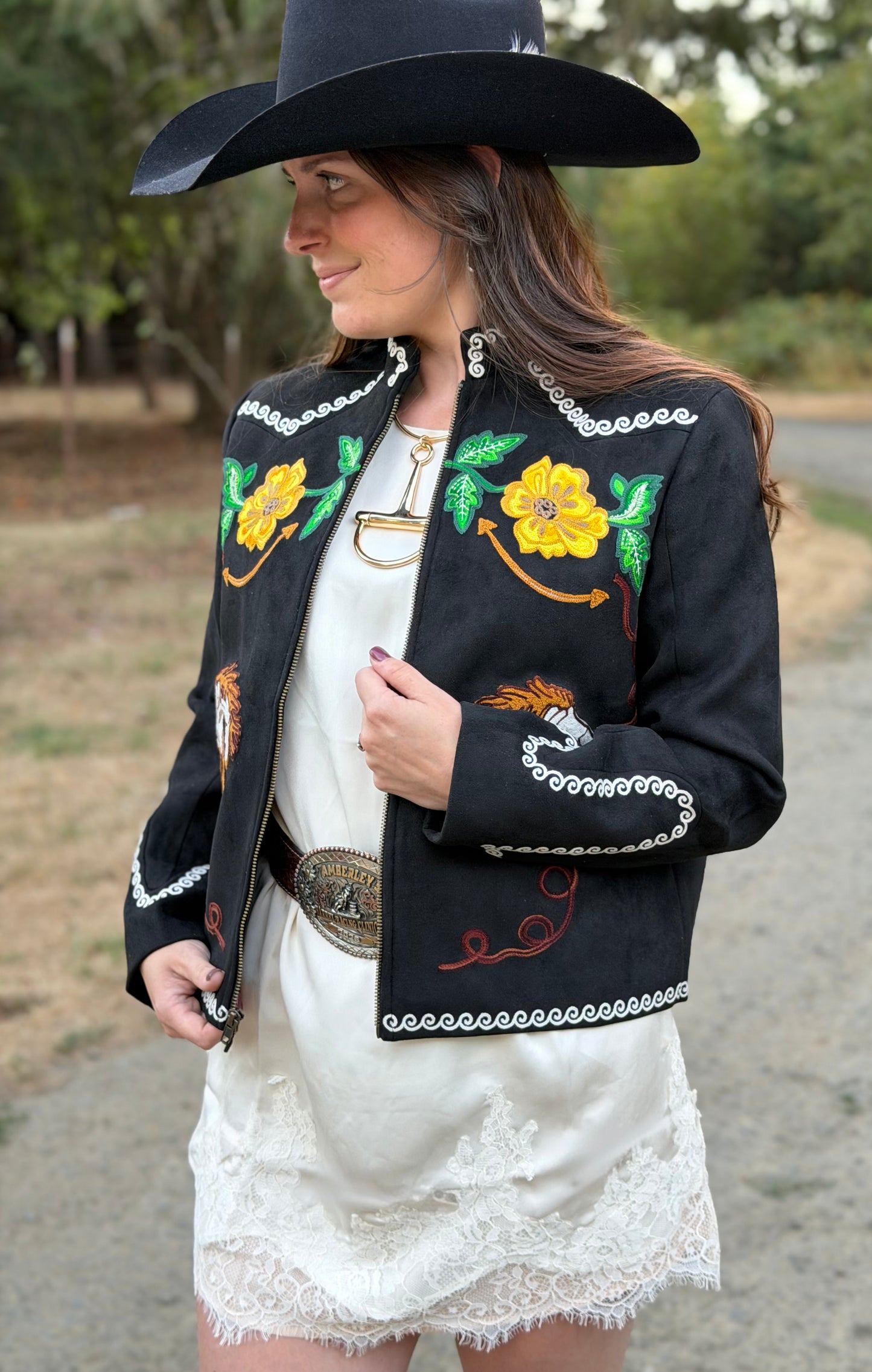 Chic Western Floral & Horse Embroidered Boho Fabric Jacket