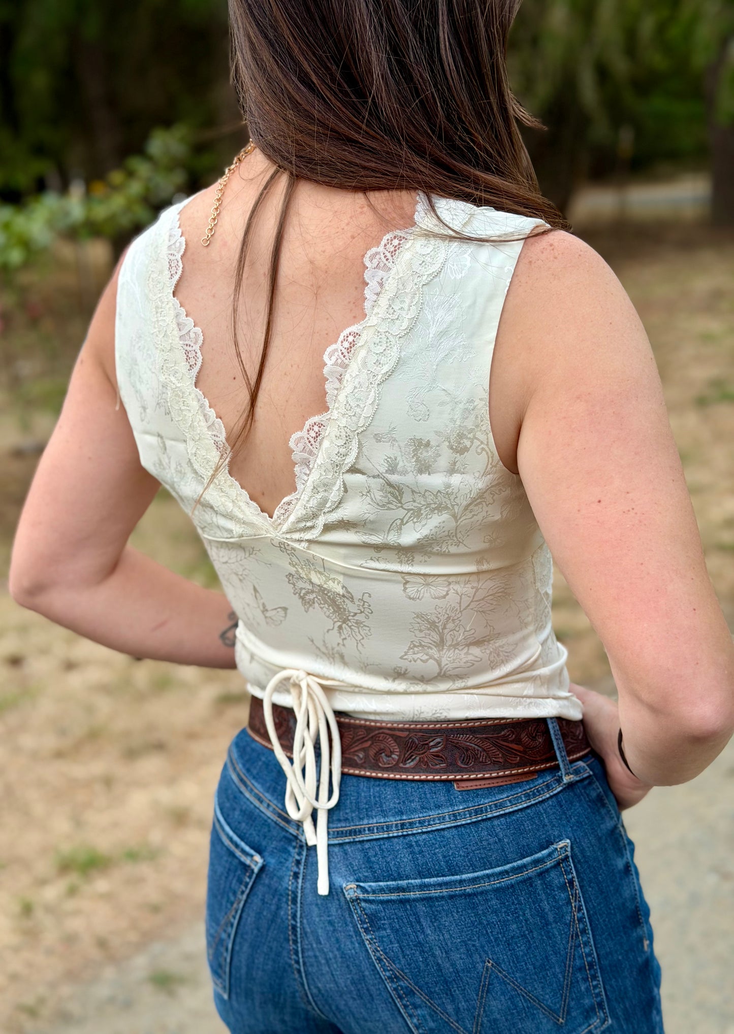 Mara Lace Trim V-Neck Satin Top