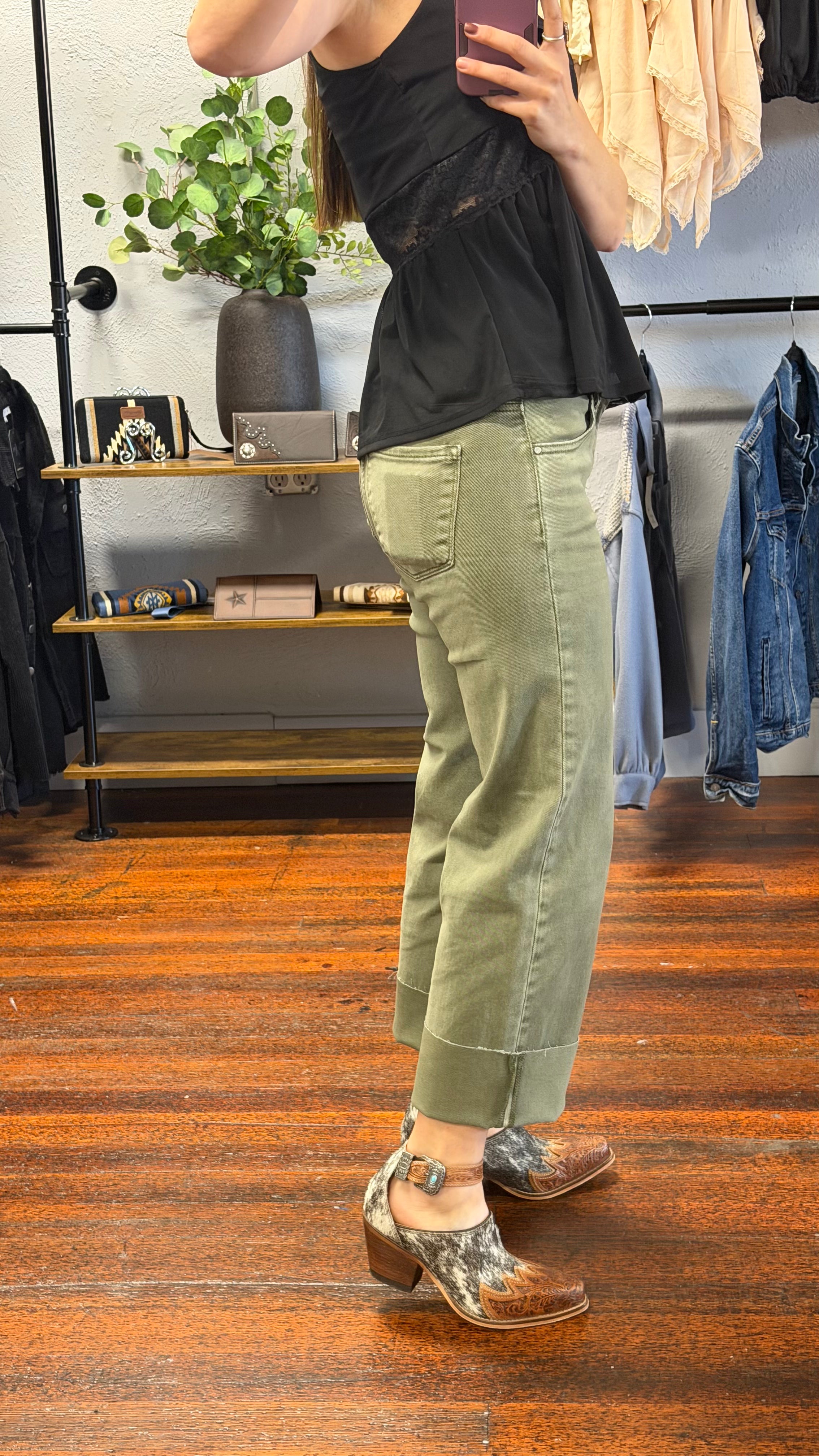 TC Mid Rise Ankle Raw Hem Olive Denim Pants ~ RISEN Brand ~