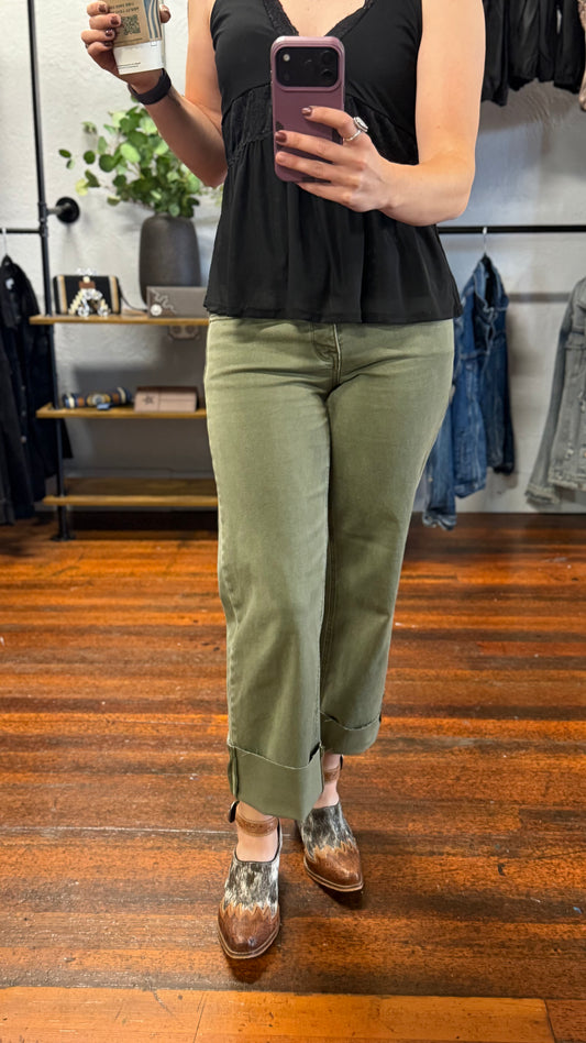 TC Mid Rise Ankle Raw Hem Olive Denim Pants ~ RISEN Brand ~
