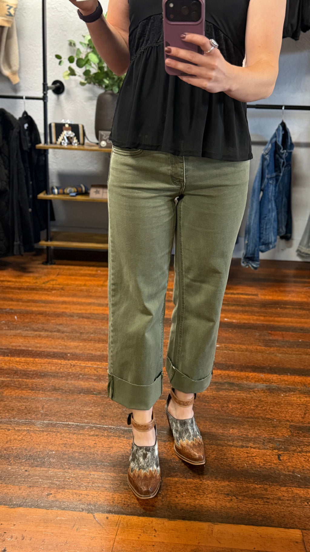TC Mid Rise Ankle Raw Hem Olive Denim Pants ~ RISEN Brand ~